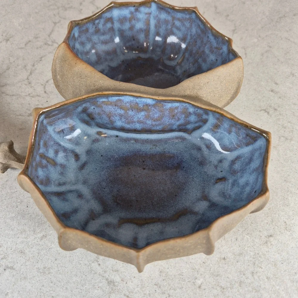 Barbara Walch Pinch Pottery Divided Stoneware Condiment Bowl Spoons Brown Blue